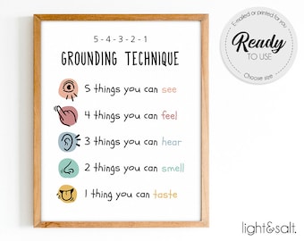 Grounding technique, poster, zones of regulation, coping skills poster, Mental Health poster, therapy office decor, school psychologist, CBT