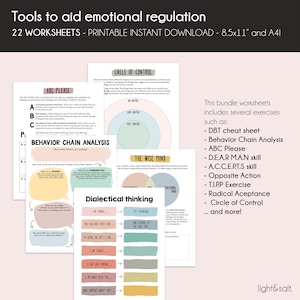 May include: A set of 22 printable worksheets designed to help with emotional regulation. The worksheets include various techniques such as DBT cheat sheet, Behavior Chain Analysis, ABC Please, DEAR MAN skill, A.C.C.E.P.T.S skill, Opposite Action, T.I.P.P Exercise, Radical Acceptance, Circle of Control, and more.