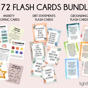 Paquete de tarjetas de afrontamiento de la ansiedad, tarjetas de habilidades de afrontamiento, tarjetas flash DBT, tarjetas de distorsión cognitiva, tarjetas de ejercicios de respiración, zonas de regulación