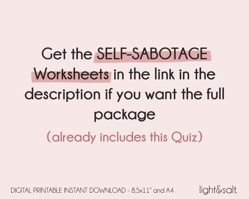 Self sabotage quiz, Self sabotaging quiz, therapy worksheets, self love journal, self esteem worksheet, Self sabotage worbook, self help image 3