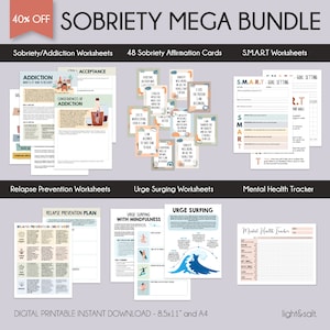 Mega paquete de sobriedad, 40 % de descuento, recursos de terapia, recuperación de adicciones, hojas de trabajo, plan de prevención de recaídas, navegación urgente, hojas de trabajo de sobriedad