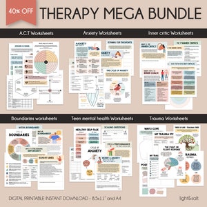 Therapy worksheets bundle, anxiety worksheets, inner critic, boundaries, trauma therapy, ACT acceptance and commitment therapy, Teen therapy