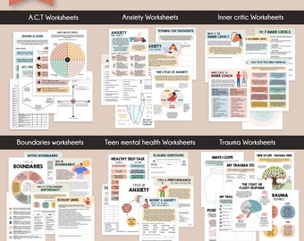 Therapy worksheets bundle, anxiety worksheets, inner critic, boundaries, trauma therapy, ACT acceptance and commitment therapy, Teen therapy