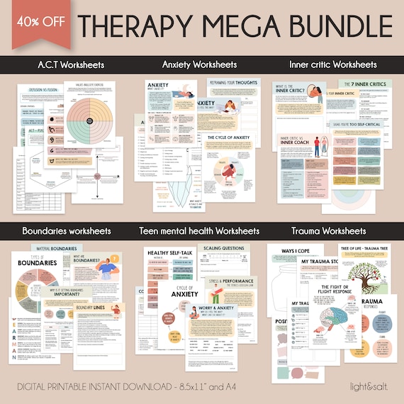 Therapy worksheets bundle, anxiety worksheets, inner critic, boundaries, trauma therapy, ACT acceptance and commitment therapy, Teen therapy
