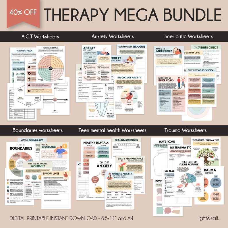 Therapy worksheets bundle, anxiety worksheets, inner critic, boundaries, trauma therapy, ACT acceptance and commitment therapy, Teen therapy image 1