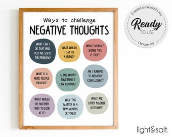 Challenging Negative thoughts poster, Cognitive Behavioral Therapy, CBT, Counselor office decor, Therapist Office, School psychologist