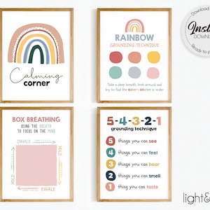 Grounding techniques set of 4 posters, Calming corner, Mental health poster, Therapy office decor, School Counselor, Anxiety relief, CBT