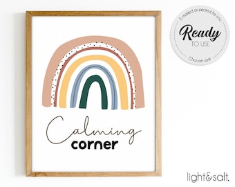 Calming corner, Calm down corner poster, Mindfulness poster, Emotions poster, Mental health poster, Therapy office decor, boho rainbow