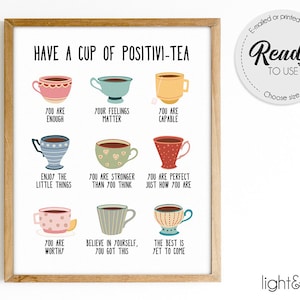 Positivi-tea Positivity Self Affirmation print, Positive Self-talk Mental health poster, Therapy office decor, School Counselor office decor