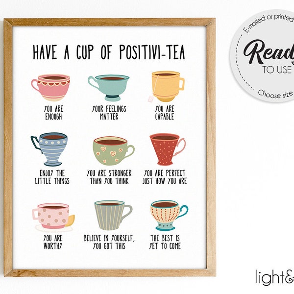 Positivi-tea Positivity Self Affirmation print, Positive Self-talk Mental health poster, Therapy office decor, School Counselor office decor