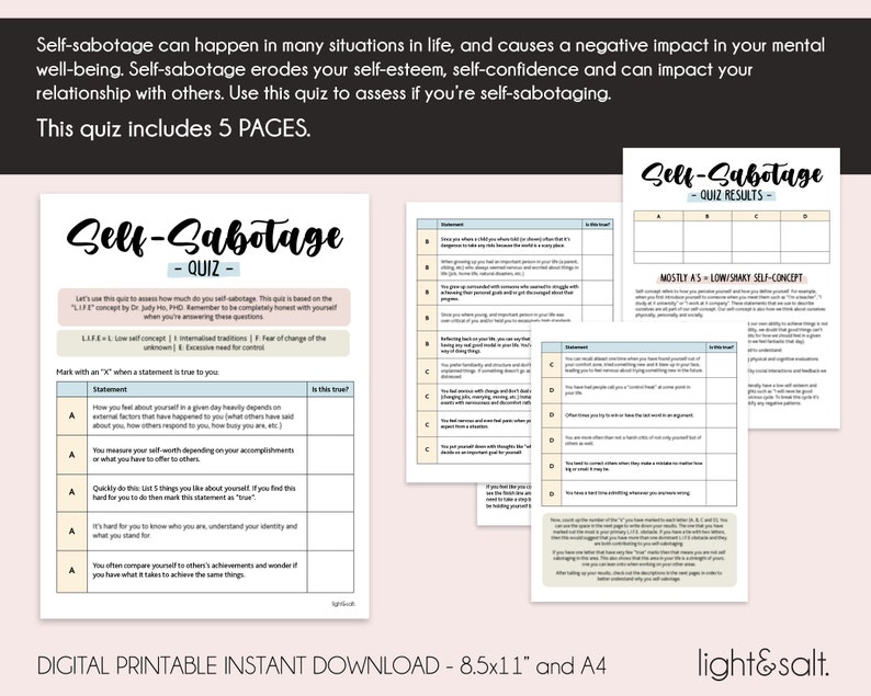 Self sabotage quiz, Self sabotaging quiz, therapy worksheets, self love journal, self esteem worksheet, Self sabotage worbook, self help image 2