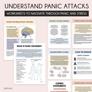 Könnte beinhalten: Ein Satz farbenfroher Arbeitsblätter, die helfen sollen, Panikattacken und Stress zu verstehen und zu bewältigen. Die Arbeitsblätter enthalten Informationen über das Gehirn, Angst vs. Panikattacken, das Verstehen von Auslösern, unsere Reaktionen auf Panik, die RAIN-Technik, Bewältigungsstrategien und das Verstehen von Auslösern.