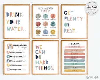 May include: Six framed art prints with inspirational quotes and mental health reminders. The prints feature phrases like "Drink Your Water," "Get Plenty of Rest," and "We Can Do Hard Things." The color palette includes pastel shades of blue, pink, and yellow.