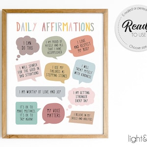 Daily affirmations poster, Encouragement mantras, Note to self, Mental health poster, Therapy office decor, Home office decor, Mindful print