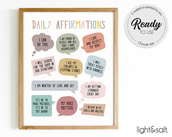 Daily affirmations poster, Encouragement mantras, Note to self, Mental health poster, Therapy office decor, Home office decor, Mindful print