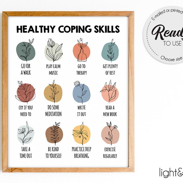 Healthy Coping Skills, Mindfulness poster, Mental health poster, Therapy office decor, Counselor office, School psychologist, CBT poster