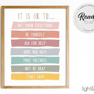 Het is oké om fouten te maken, therapie kantoor decor, rustige hoek, angst, gevoelens poster, klas poster, schooladviseur kantoor decor