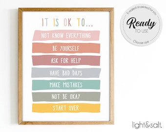 It's okay to make mistakes, Therapy office decor, Calm corner, Anxiety, Feelings poster, Classroom Poster, School counselor office decor