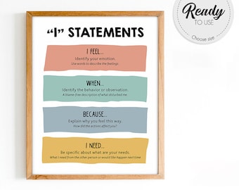 I Statements poster, Assertive communication, School Counselor, Feelings poster, calm corner, Mental health poster, Therapy office decor