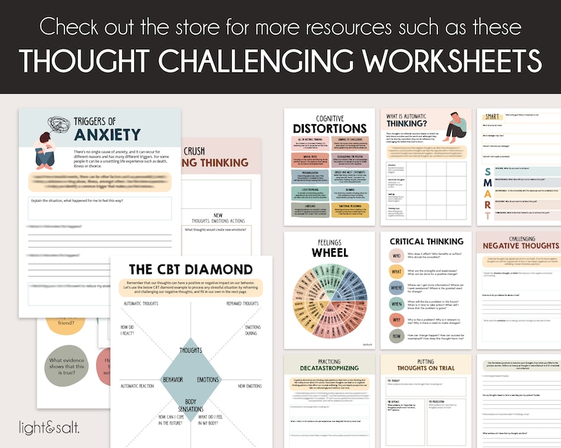 May include: A set of printable worksheets designed to help challenge negative thoughts and promote mental well-being. The worksheets feature colourful illustrations and include titles such as "Triggers of Anxiety", "Cognitive Distortions", "The CBT Diamond", "Feelings Wheel", "Critical Thinking", "Challenging Negative Thoughts", "Putting Thoughts on Trial", and "Practicing Decatastrophizing".