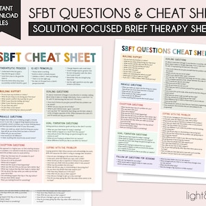 Solution focused therapy questions cheat sheet, SFBT worksheet for therapists, School counselor, social worker, SEL, therapy office decor
