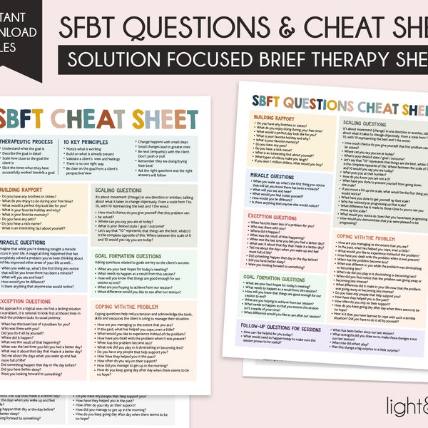 Solution focused therapy questions cheat sheet, SFBT worksheet for therapists, School counselor, social worker, SEL, therapy office decor