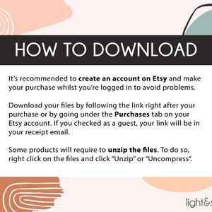 May include: A pink and green graphic with the text "HOW TO DOWNLOAD" in black. The text below explains how to download digital files from Etsy, including creating an account, checking the Purchases tab, and unzipping files.