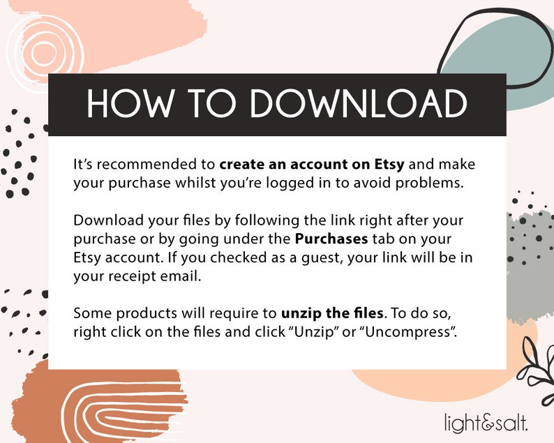 May include: A pink and green graphic with the text "HOW TO DOWNLOAD" in black. The text below explains how to download digital files from Etsy, including creating an account, checking the Purchases tab, and unzipping files.