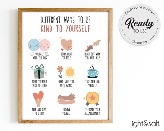 Be Kind to Yourself Poster, Daily Checkin, Self Care Daily Checklist,  Positive Thinking, Mindfulness, Mental Health, Office Decor, Grounding 
