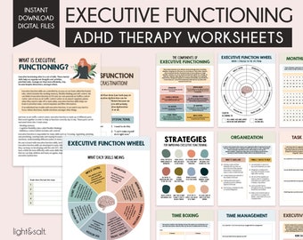 Executive functioning worksheets, ADHD Worksheets, Executive Dysfunction Workbook, Anxiety, depression, organization, coping skills tools