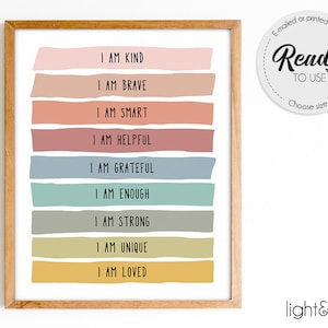 Positive affirmations for kids, I am enough poster, Positive Playroom, Self Esteem, Motivational Poster, Rainbow classroom decor, homeschool