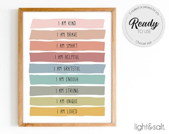 Positive affirmations for kids, I am enough poster, Positive Playroom, Self Esteem, Motivational Poster, Rainbow classroom decor, homeschool