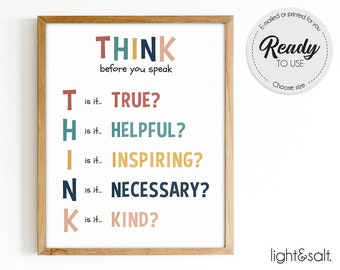 Think before you speak poster, Rules Printable, Motivational Poster, Teacher office, Counselor Art, classroom decor, montessori wall art