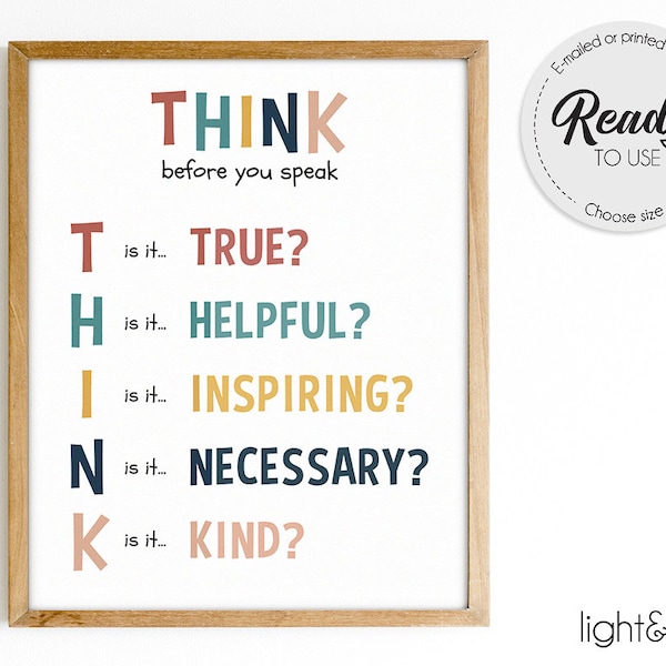 Think before you speak poster, Rules Printable, Motivational Poster, Teacher office, Counselor Art, classroom decor, montessori wall art
