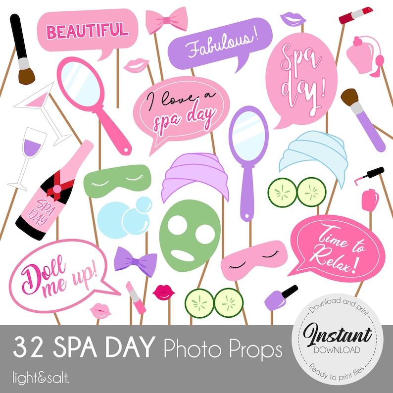 May include: A set of 32 printable spa day photo booth props. The props include a variety of fun and festive designs, such as a spa day themed speech bubble, a cucumber face mask, a pair of eyes with eyelashes, and a bottle of champagne. The props are perfect for adding a touch of fun to your next spa party.