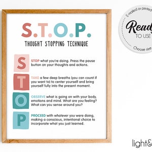 STOP grounding technique, Social emotional learning, Mental health poster, Zones of regulation, therapist office decor, Calm down corner