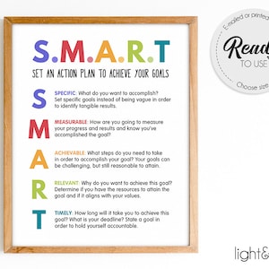 Puede incluir: Un póster imprimible con un marco de madera marrón claro. El póster es blanco con texto negro y letras de colores que deletrean "S.M.A.R.T." El texto explica el acrónimo "SMART" en relación con el establecimiento de objetivos. El póster también incluye el texto "E-mailed or printed for you" y "Ready to Use" en un círculo con un borde discontinuo.