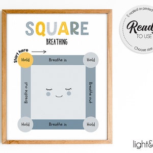 Vierkante ademhalingsposter, mindfulness-ademhaling, kalme hoek, gevoelensposter, Counselor Office Decor, sociaal emotioneel leren, SEL