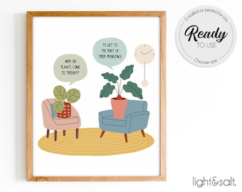 Puede incluir: Una ilustración imprimible de dos plantas en maceta sentadas en la oficina de un terapeuta. Una planta está en un sillón rosa y dice: "¿Por qué las plantas van a terapia?" La otra planta está en un sillón azul y dice: "¡Para llegar a la raíz de sus problemas!"