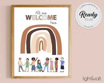 May include: A printable poster with a rainbow arch and the text "All are WELCOME here".  Below the rainbow are illustrations of diverse people holding hands.