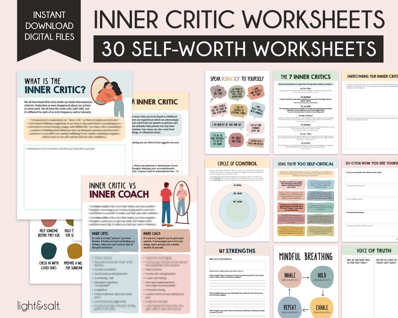 May include: A set of 30 printable worksheets designed to help you understand and manage your inner critic. The worksheets feature colorful illustrations and text, including titles like "What is the Inner Critic?" and "Speak Kindly to Yourself."