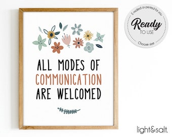 Alle vormen van communicatie zijn welkom, logopedie wanddecoratie, spraakruimte, logopedieposter, SLP kunst aan de muur, spraakarticulaties