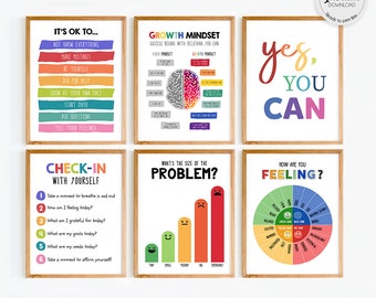 Conjunto de 6 artículos para un rincón relajante, colores primarios, decoración para el aula, póster sobre salud mental, decoración para consultorios de terapia, decoración para oficinas de orientación escolar.