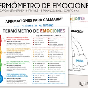 Hojas de ejercicio del Termómetro de emociones, estrategias de afrontamiento, zonas de regulación, Spanish Feelings Thermometer, sentimiento