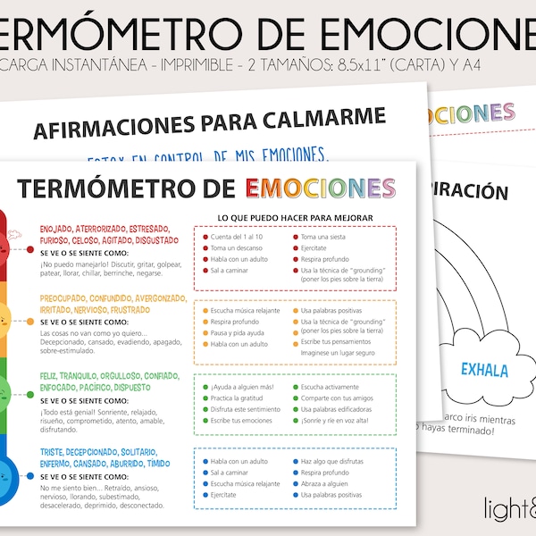 Hojas de ejercicio del Termómetro de emociones, estrategias de afrontamiento, zonas de regulación, Spanish Feelings Thermometer, sentimiento