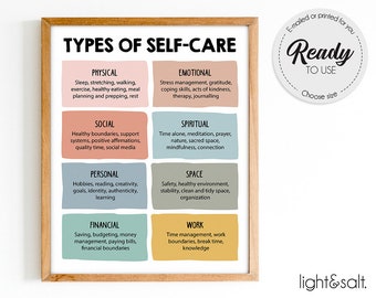 Types of self care poster, therapy office decor, self-esteem poster, self-confidence, self help, anxiety relief, Counselor office decor
