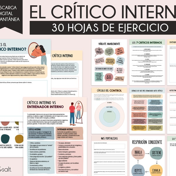 Critico interno hojas de ejercicio, Inner Critic Spanish workbook, self esteem worksheets, Circle of control, therapy worksheets, self worth