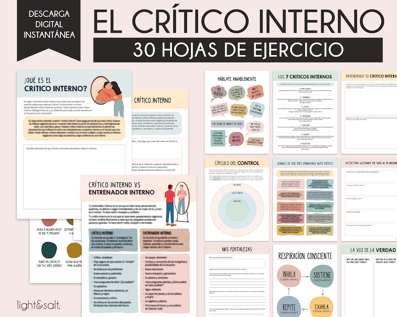 May include: A set of 30 printable worksheets in Spanish to help you understand and manage your inner critic. The worksheets feature colorful illustrations and text, including the title "El Cr&iacute;tico Interno" and "30 Hojas de Ejercicio".