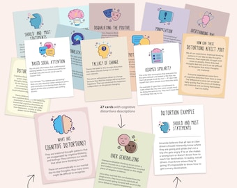 May include: A set of 44 colorful cards with illustrations and text about cognitive distortions. The cards are divided into three categories: what are cognitive distortions, 27 cards with cognitive distortions descriptions, and 14 cards with examples of how to identify a distortion. The cards are designed to help people understand and identify common thought patterns that can lead to negative emotions and behaviors.