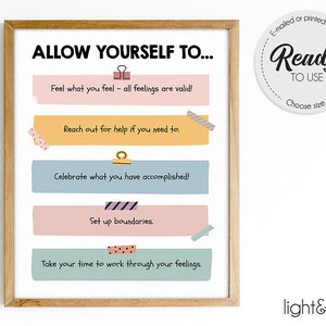 Daily check-in poster, self-care poster, daily affirmation poster, Allow yourself to, Challenging Negative thoughts, Mindfulness poster, CBT